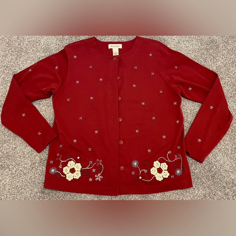 Bechamel Women's Size S Red Floral Knit Cardigan Sweater